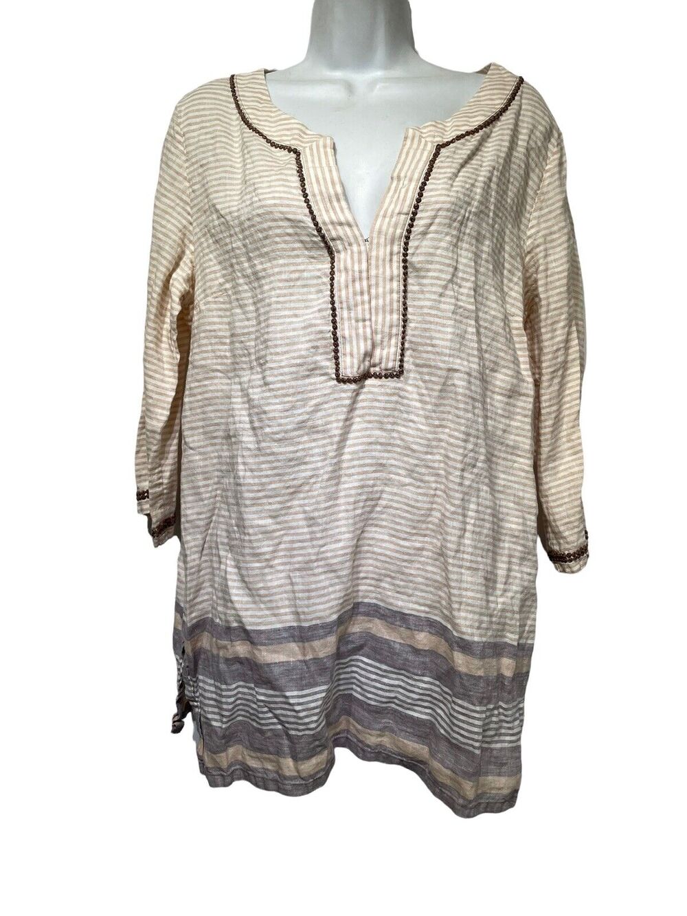 tommy Bahama women's brown Creme marina stripe beaded linen tunic Size M